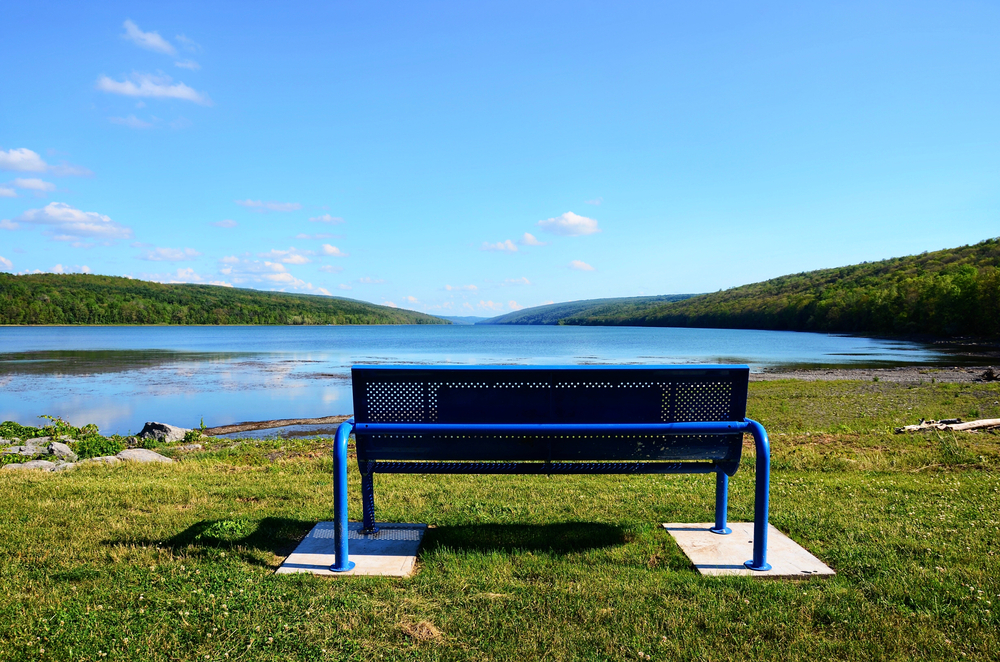 bench overlooking hemlock lake in the finger lakes new york